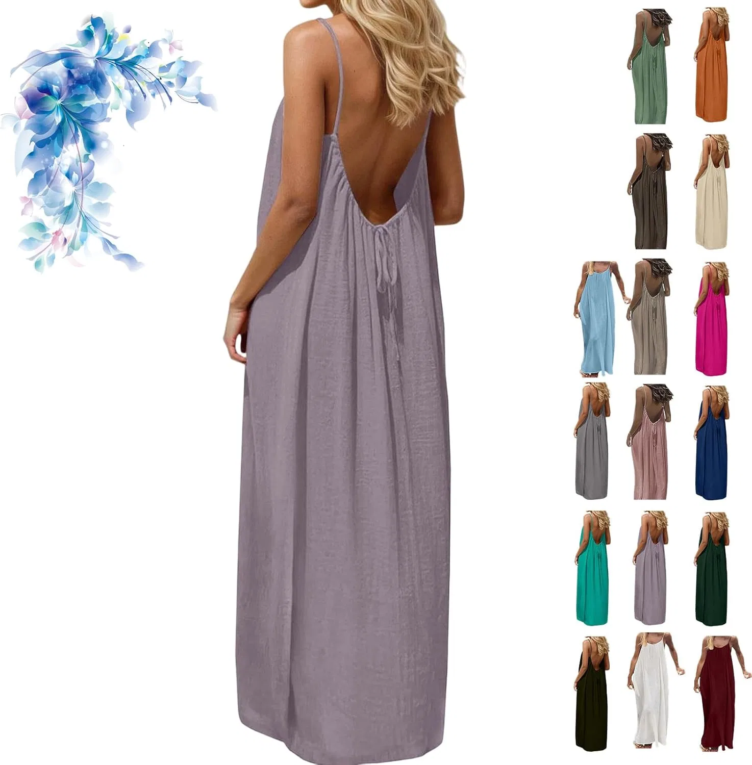 Женское свободное платье-макси с открытой спиной, Light Purple