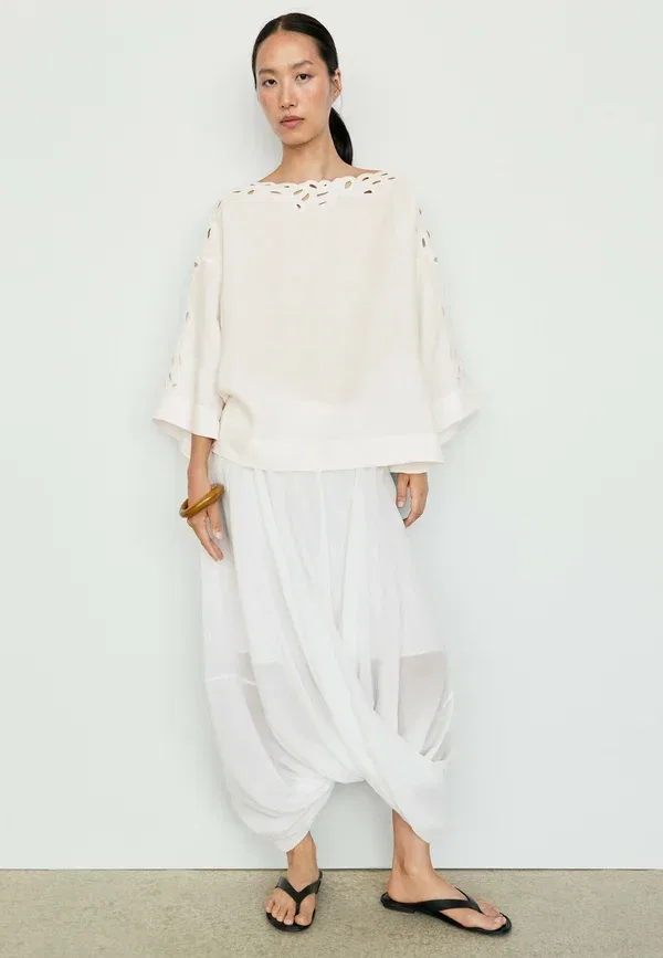Блуза оверсайз из льна с вышивкой Blouse Massimo Dutti, бежевый