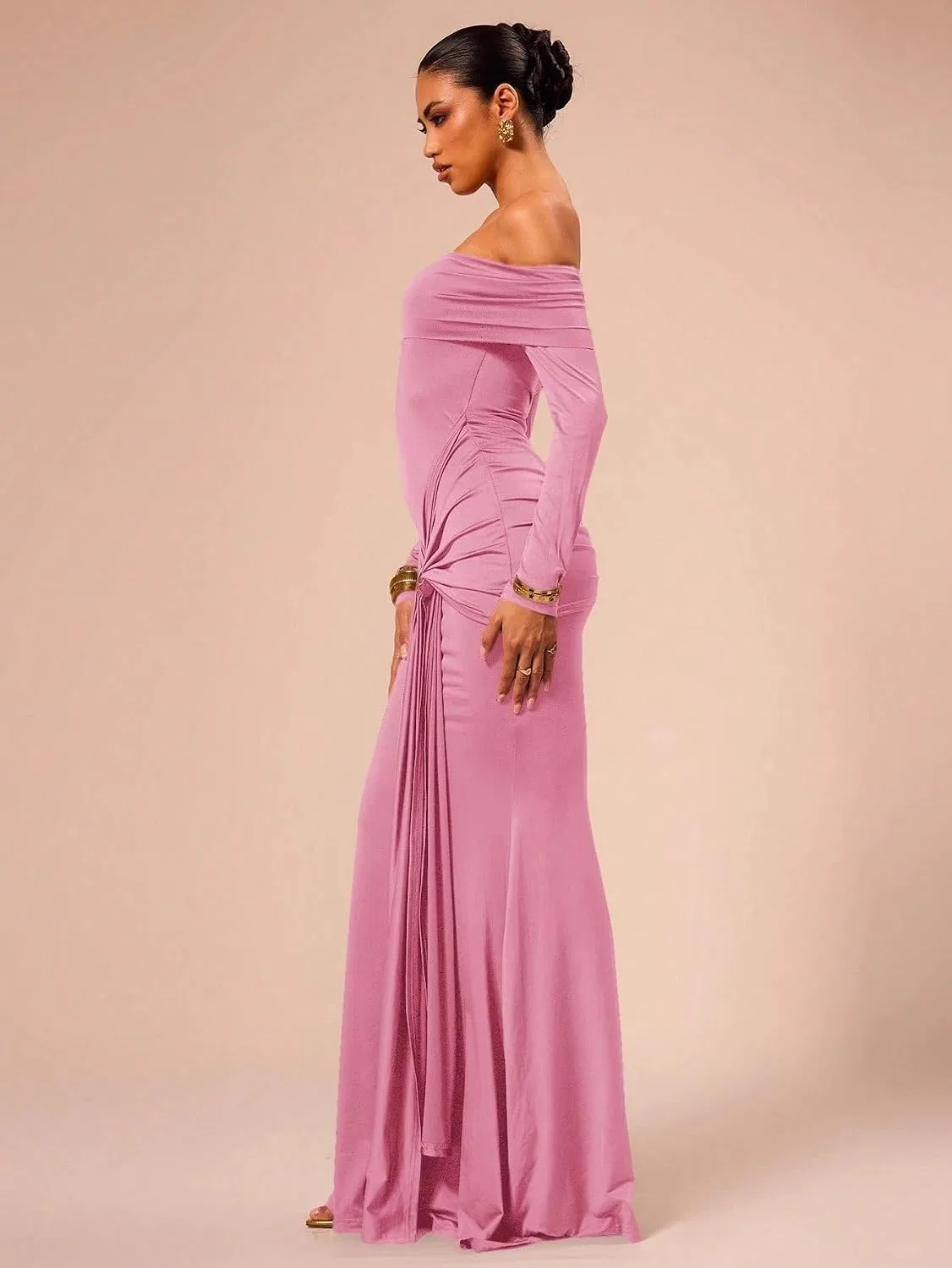 Женское макси-платье с открытыми плечами Slimming Fit, Pink — фото 4