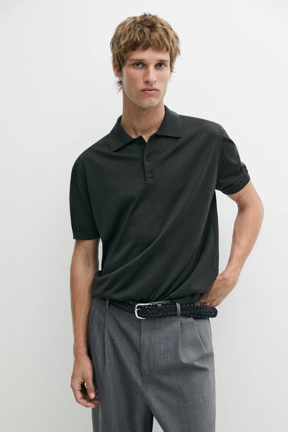 Поло Massimo Dutti Wool Blend Knit Shirt, серовато-зеленый