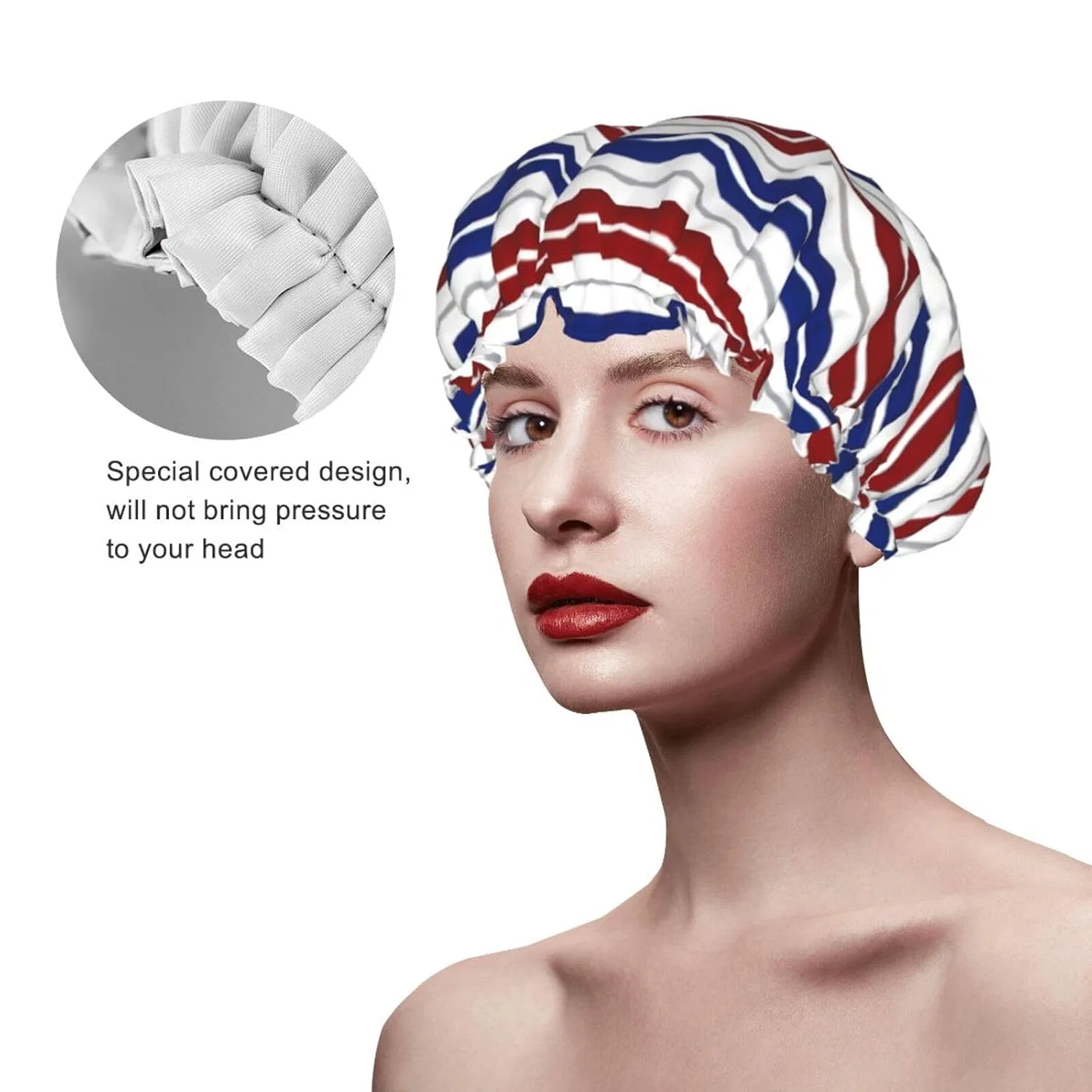 Двойная водонепроницаемая шапочка для душа, HLBSDM, Red Blue White Gray Stripes — фото 4
