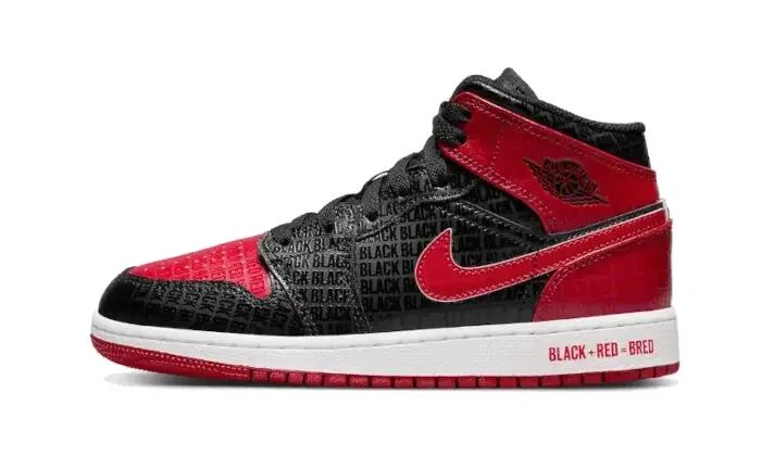 Детские кроссовки с принтом Air Jordan 1 Mid Bred Text Jordan, Schwarz Gym Red White