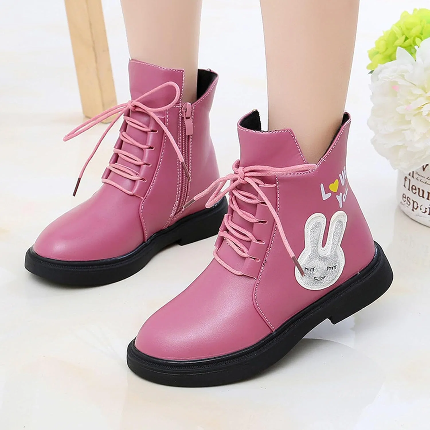 Детские ботинки для девочек с принтом кролика Combat Ankle Boots, Pink — фото 2