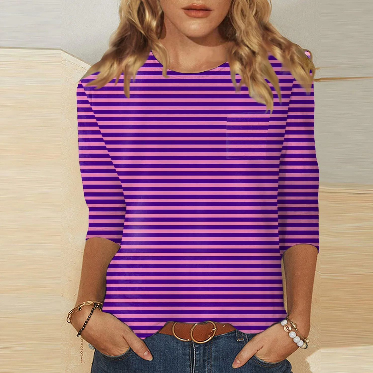 Женская футболка с V-образным вырезом Colorful Gradient Geometric Print, бренд, Hot Pink-5 — фото 2
