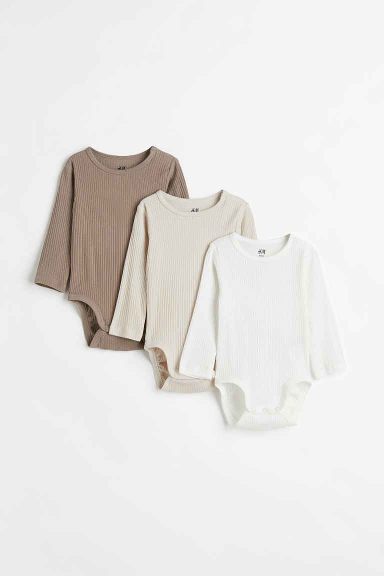 Комплект из 3 боди в рубчик H&M, серый/светло-бежевый — фото 2