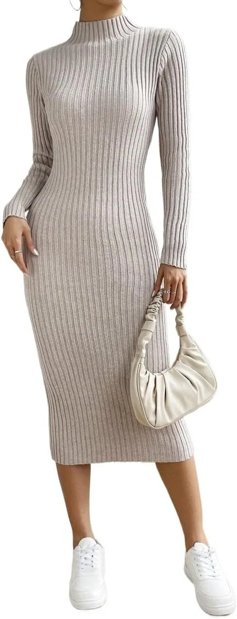 Женское повседневное платье миди с воротником-стойкой Knitwear, Khaki
