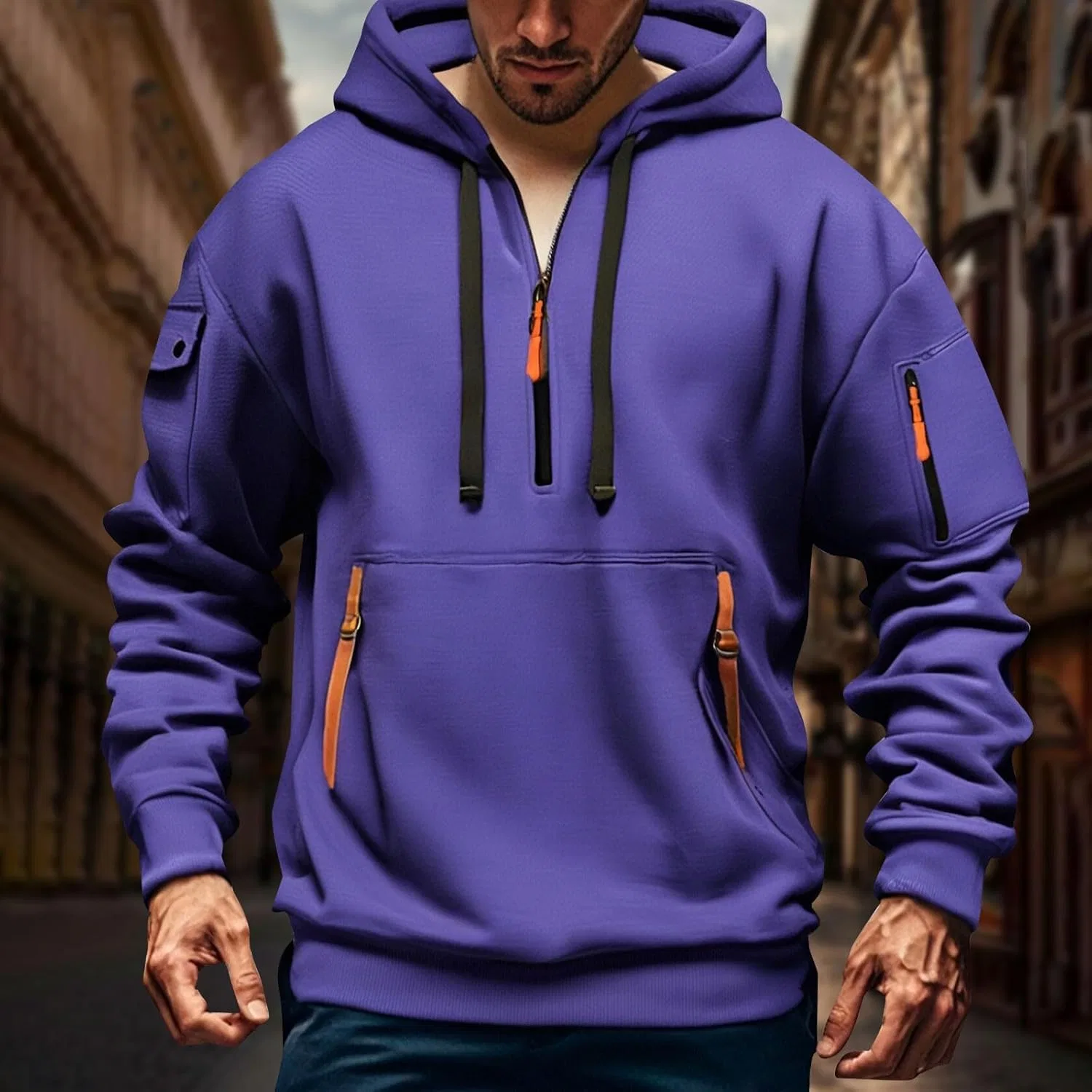 Мужская худи с капюшоном, четверть-застежка, тактическая, Generic, D-purple — фото 3