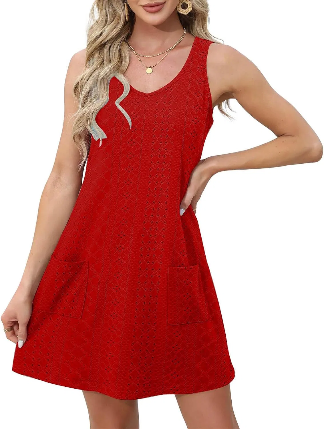 Женское летнее платье миди с вышивкой Eyelet Dress, Red — фото 3