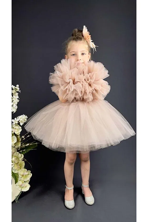 Детское платье для девочек с пайетками Tutu skirt pompom sleeves girl's sequined special occasion evening dress S.T. Sebat Tekstil, Powder