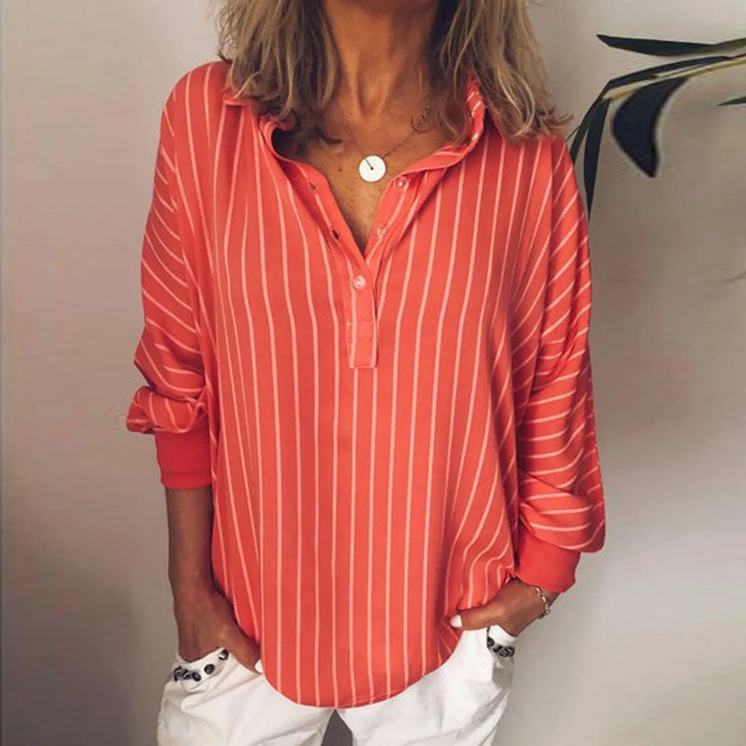 Женская блузка с V-образным вырезом Elegant Striped, бренд не указан, Red — фото 3