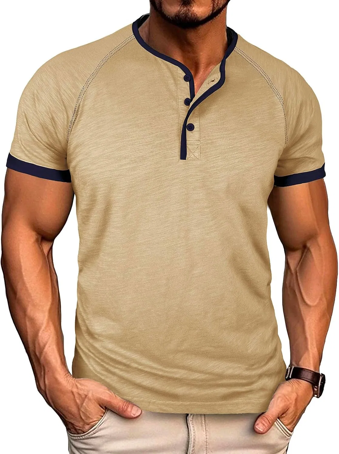 Мужская хлопковая футболка-поло с воротником Henley, Khaki — фото 2