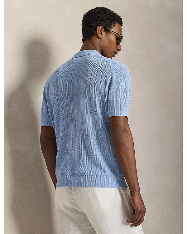 Мужское поло с воротником-джонни из льна Linen Johnny Collar Sweater Polo Shirt Polo Ralph Lauren, синий — фото 4