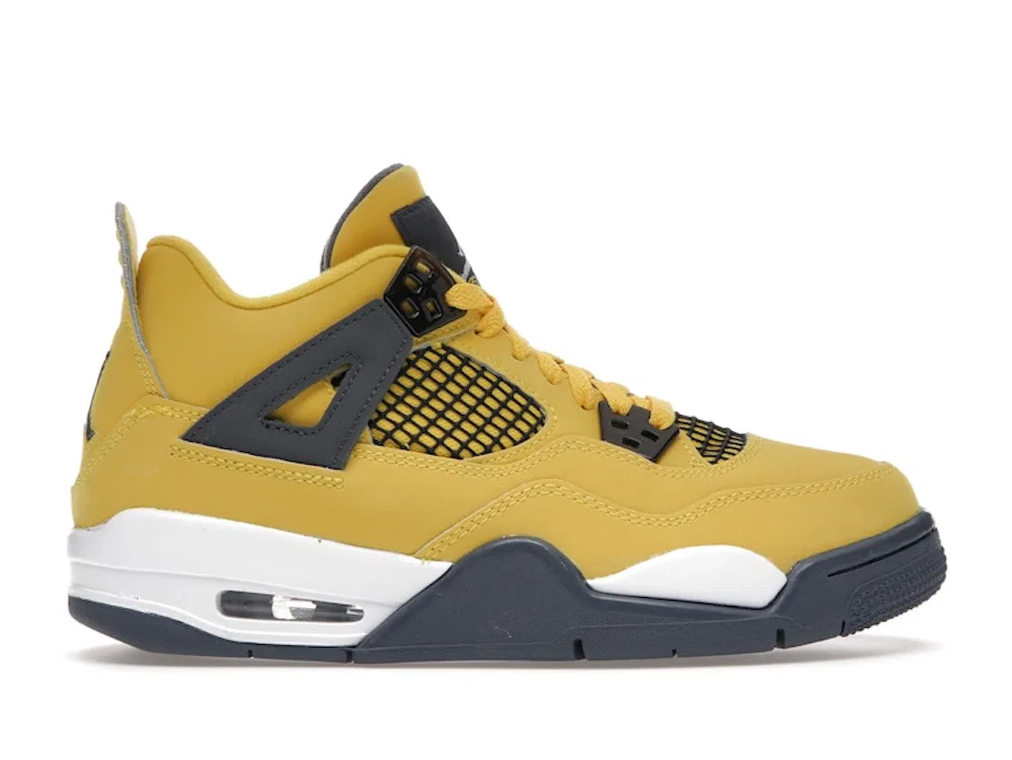 Детские кроссовки для мальчиков с высокой посадкой Jordan 4 Retro Lightning Jordan, Tour Yellow/White-Dark Blue Grey