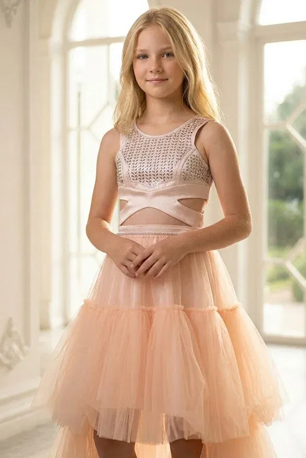Детское платье для девочек с принтом Graduation evening dress with stone embroidered tulle skirt dnm340 Denimini, Salmon — фото 2