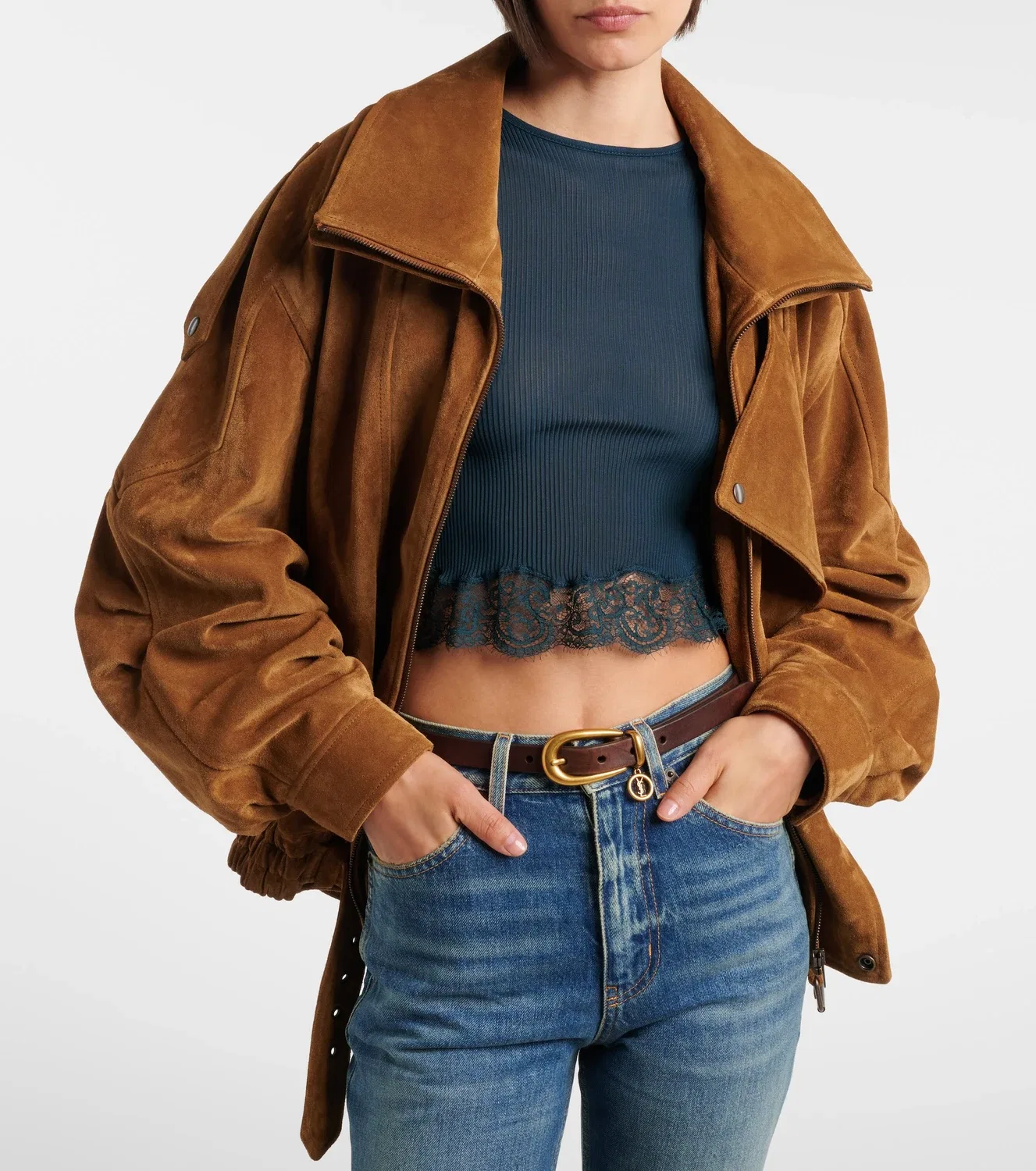 Укороченная шелковая футболка отделанная кружевом SAINT LAURENT, зеленый — фото 2
