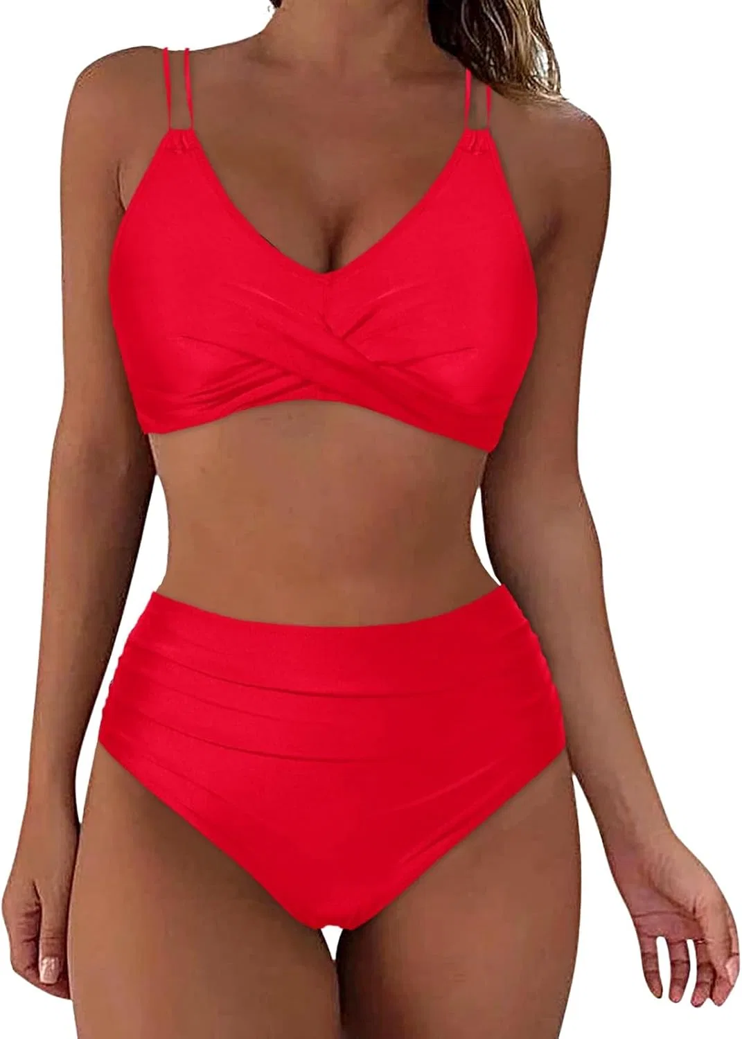 Женский бикини-комплект с высокой талией Crossover Top Ruched, Red