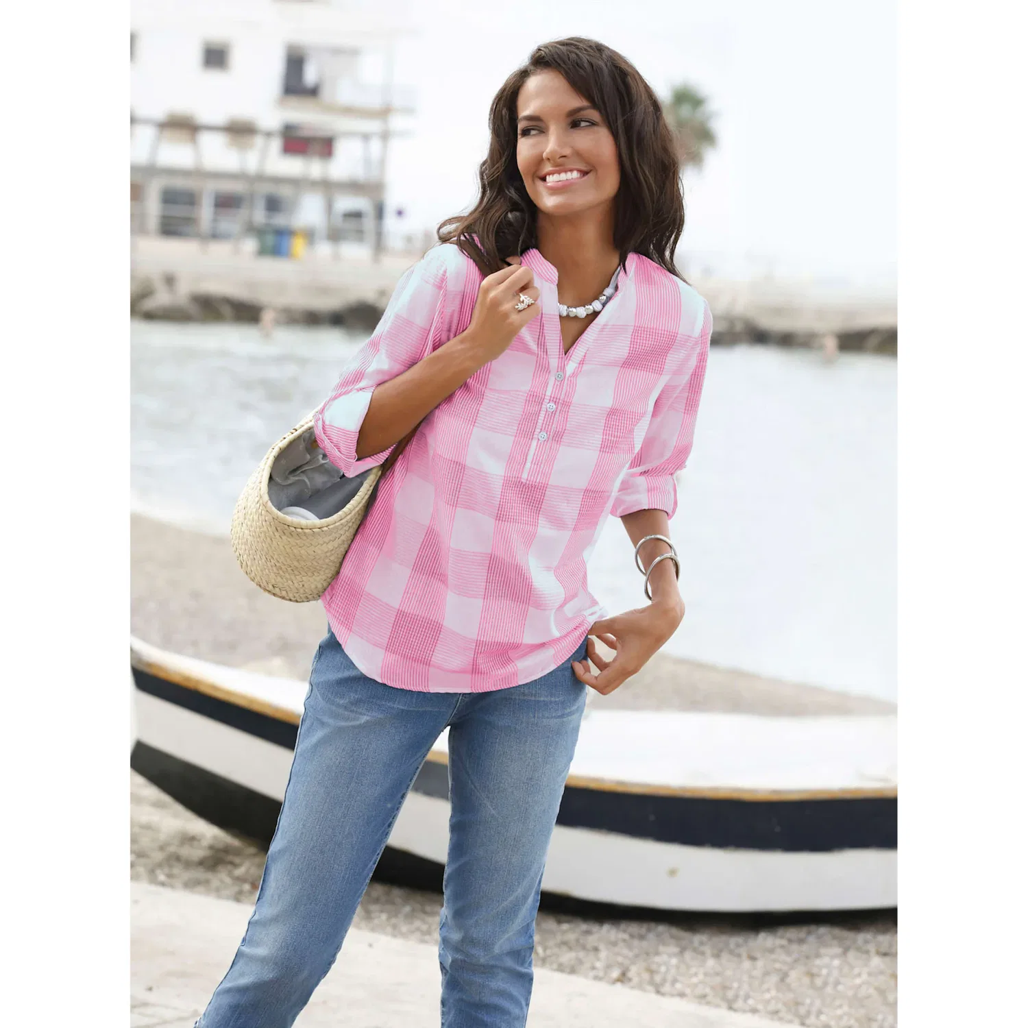 Женская блуза свободного кроя в клетку Casual Looks, Pink/White