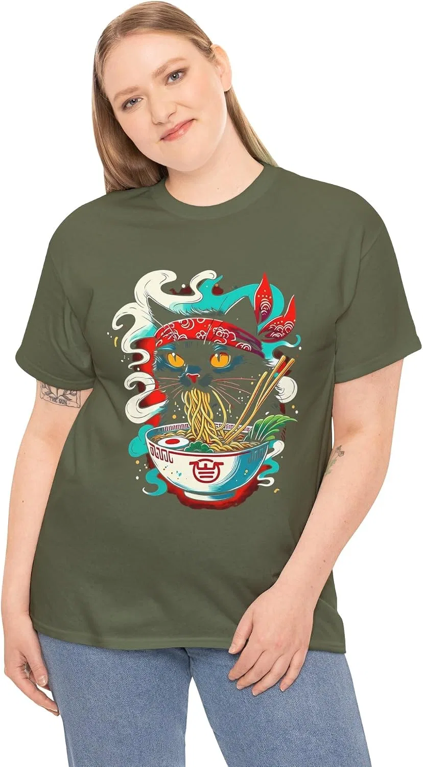 Женская футболка с принтом Ramen Cat, хаки — фото 2