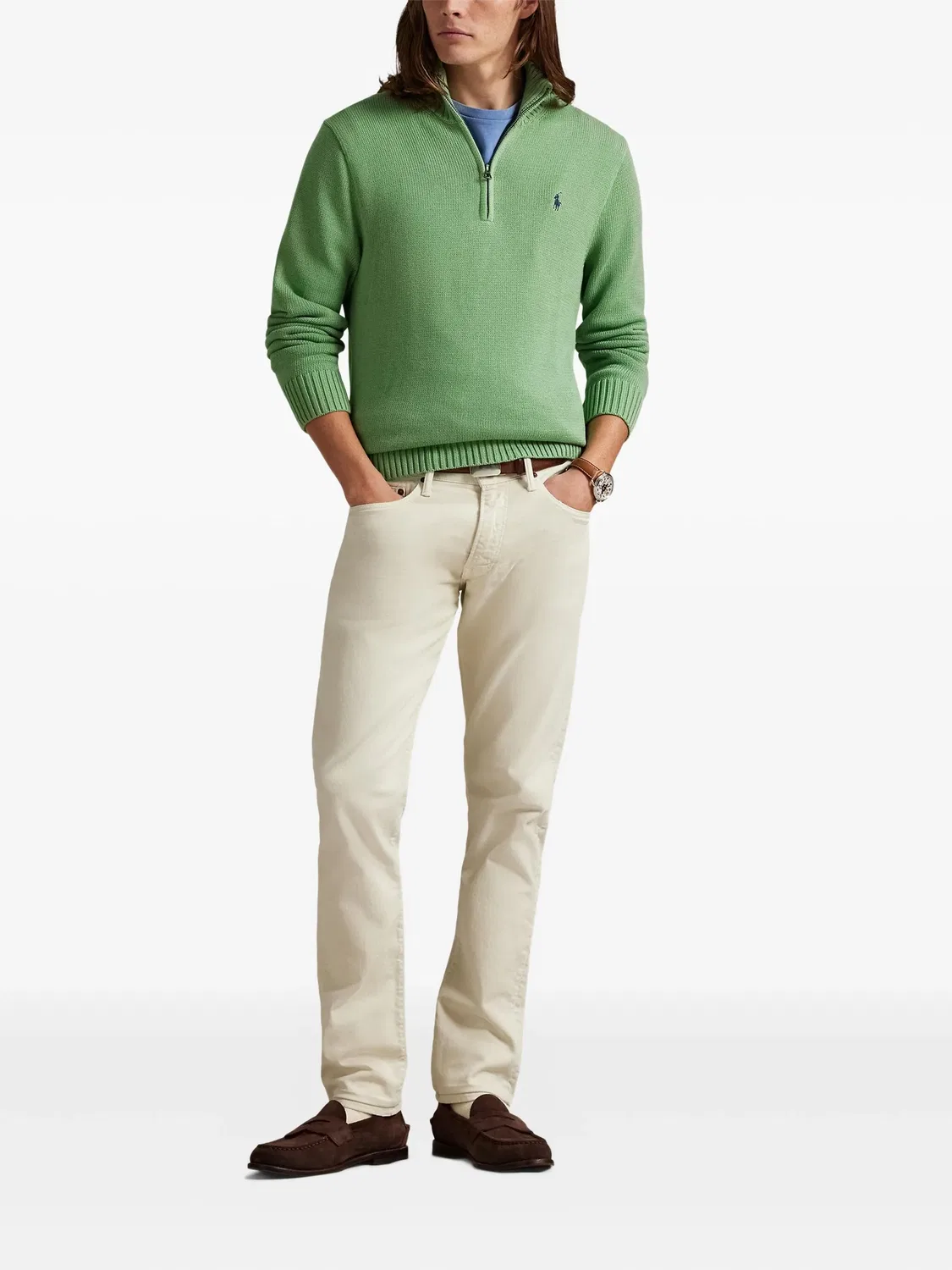 Свитер с полу-молнией из хлопка Polo Ralph Lauren, зеленый — фото 3