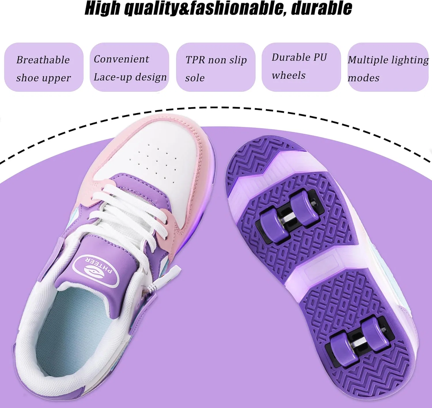 Детские кроссовки для девочек со светящимися колесиками AIkuass, Purple — фото 3