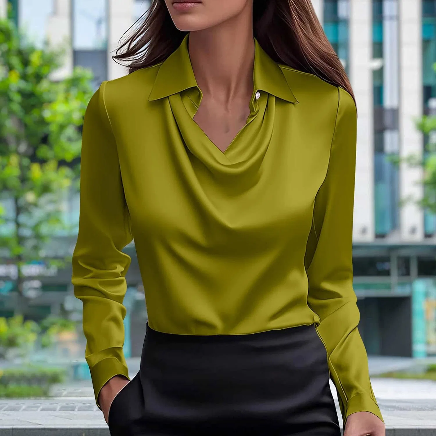 Женская блуза из сатина с воротником-качели Pelang, E-green — фото 2