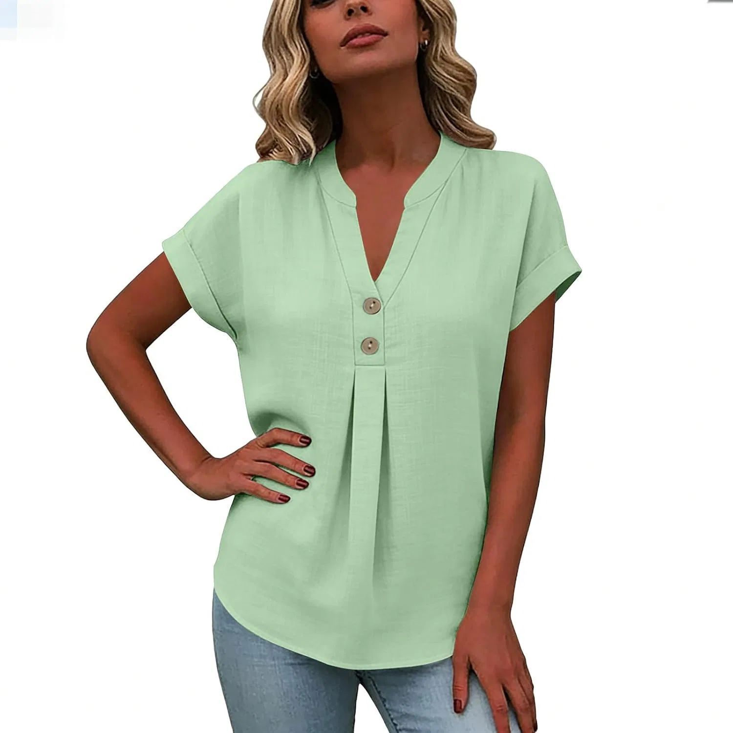 Женская блуза с V-образным вырезом Cotton Linen, Green — фото 2