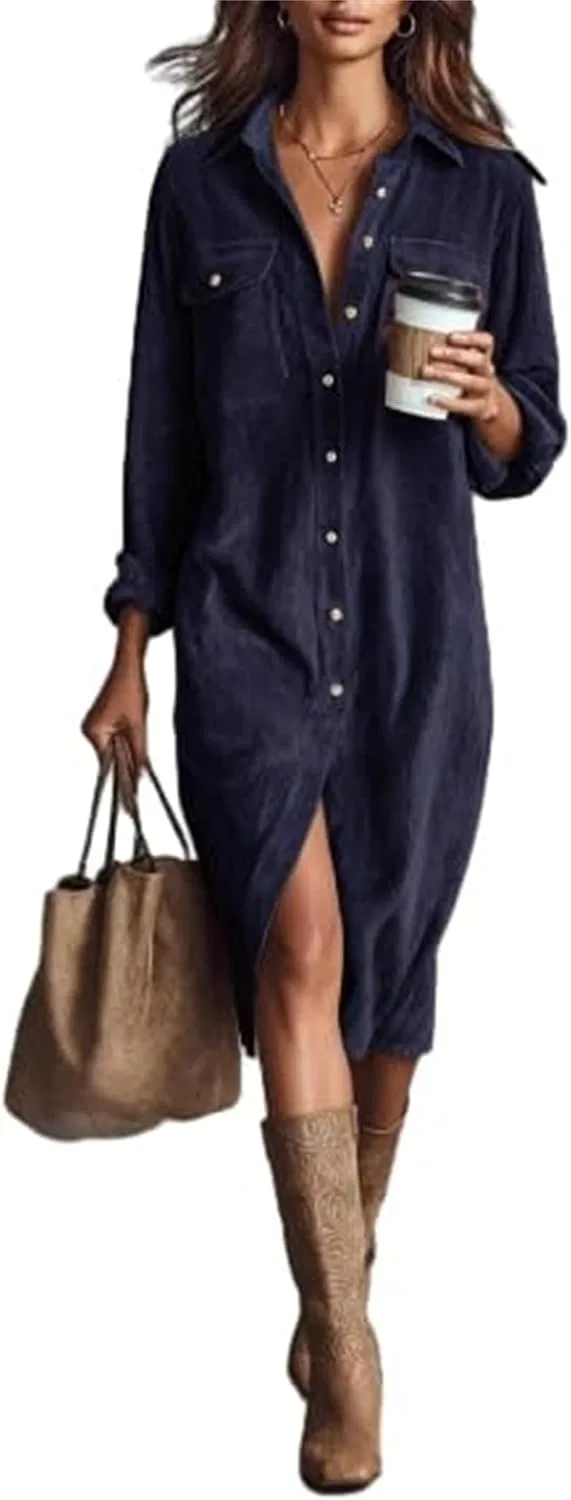 Женское платье-рубашка из вельвета A-line, Navy Blue