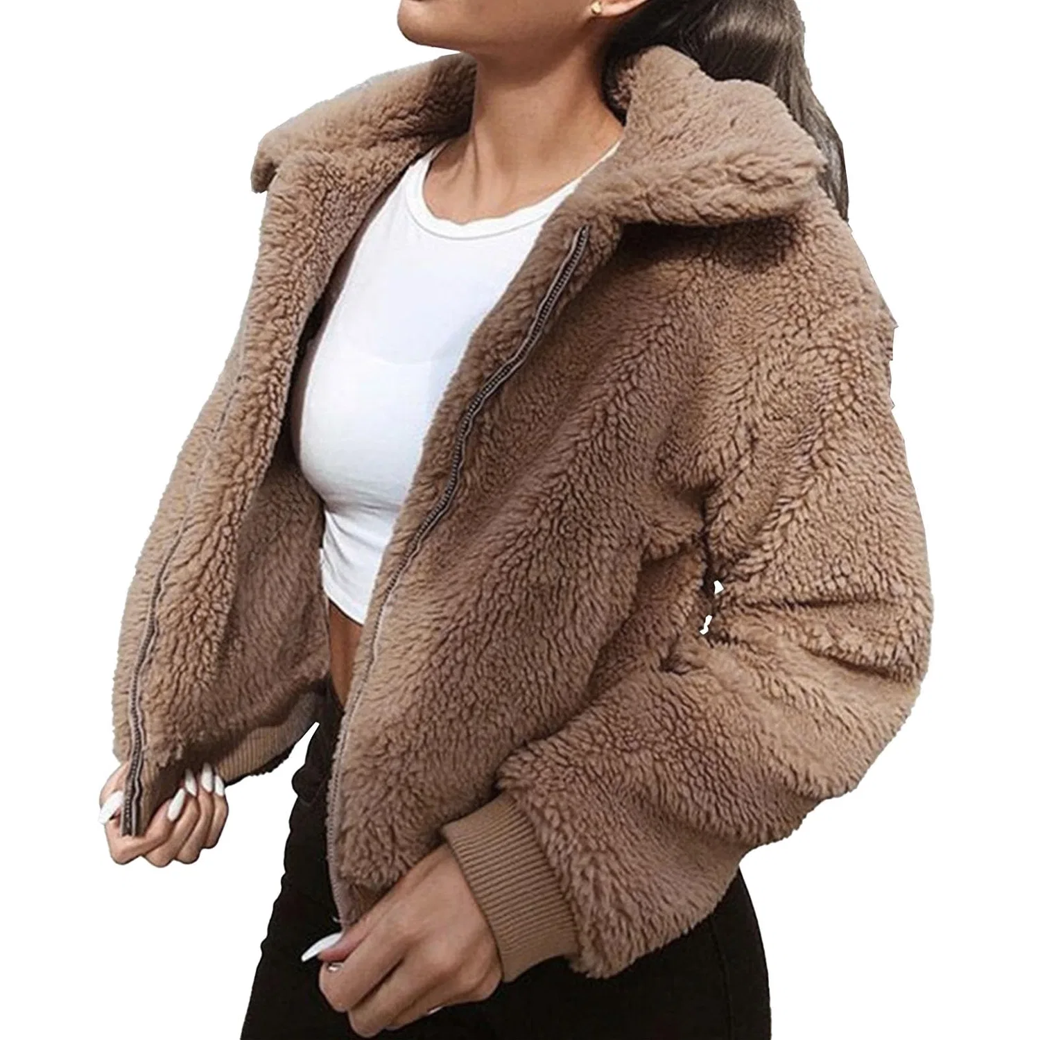 Женское зимнее пальто из искусственного меха с карманами, Dark Khaki