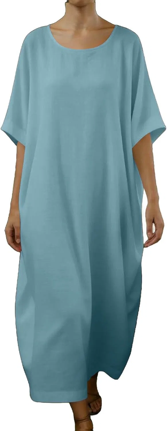Женское летнее пляжное платье свободного кроя из льна с хлопком, Light Blue