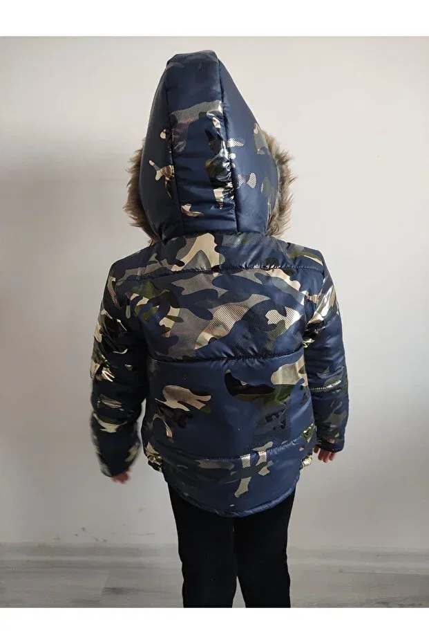 Детское пальто для девочек утепленное с камуфляжным принтом Bebeğimin Dolabında, Navy Blue