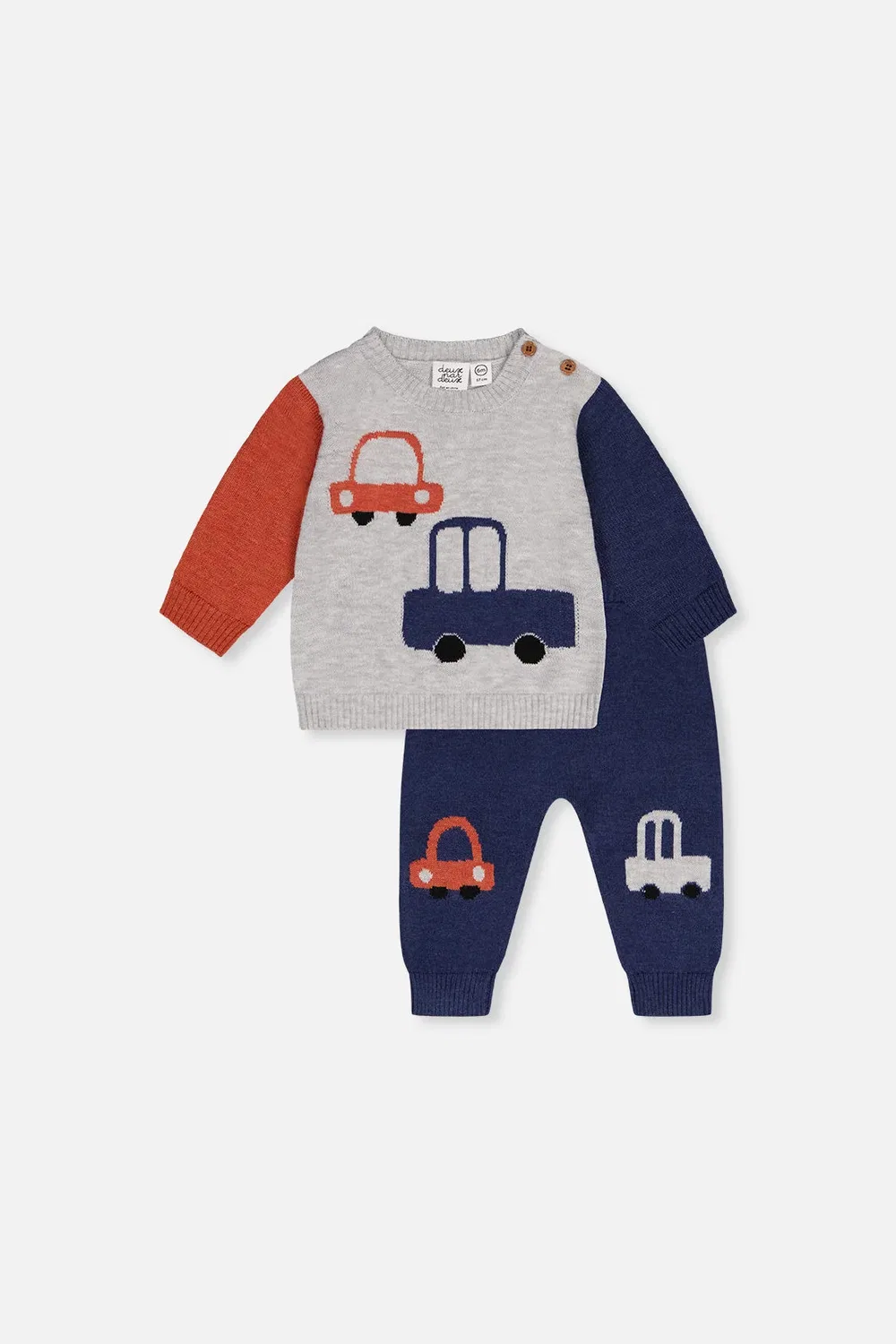 Детский комплект свитера и штанов с машинками Deux par Deux, Blue and Orange