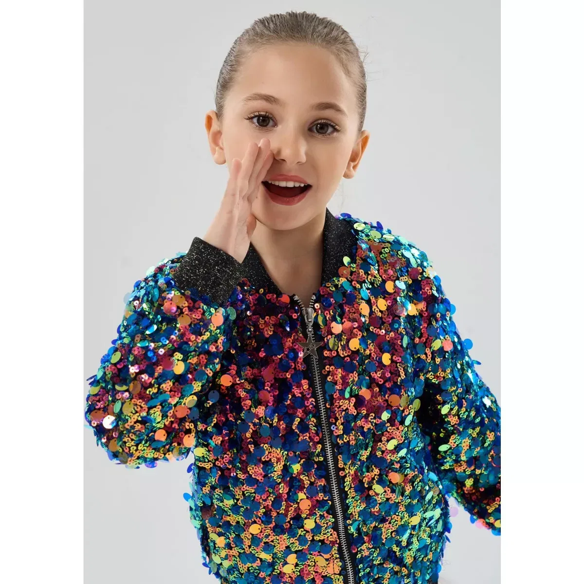 Детская куртка-бомбер для девочек с пайетками Fiesta Glow Ombre Sparkle Sequin Bomber 2Bunnies, Multicolor — фото 2