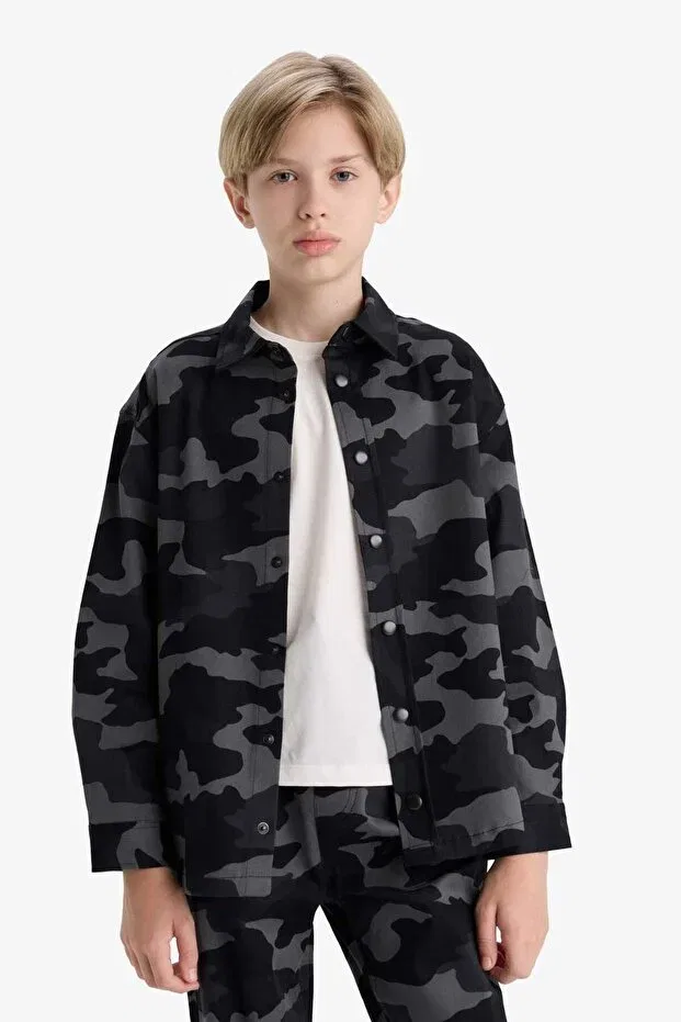 Детская рубашка для мальчиков с длинным рукавом Oversized wide fit polo neck camouflage print gabardine long sleeve shirt boy f1507a825au Defacto, Gray-Gr164 — фото 4