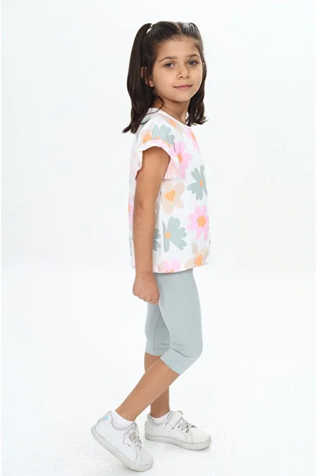 Детский комплект для девочек с принтом Girl'S Sleeve Ruffle Detailed Floral Printed Capri Suit Toontoy, Green — фото 3