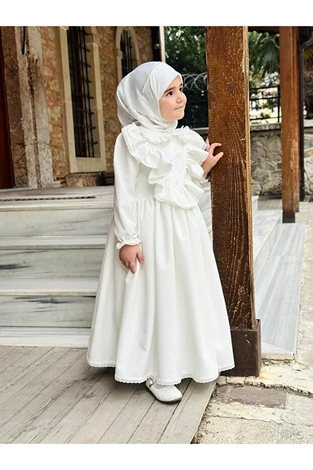 Детское платье для девочек с длинным рукавом Ayperi hijab dress Linarookids, White