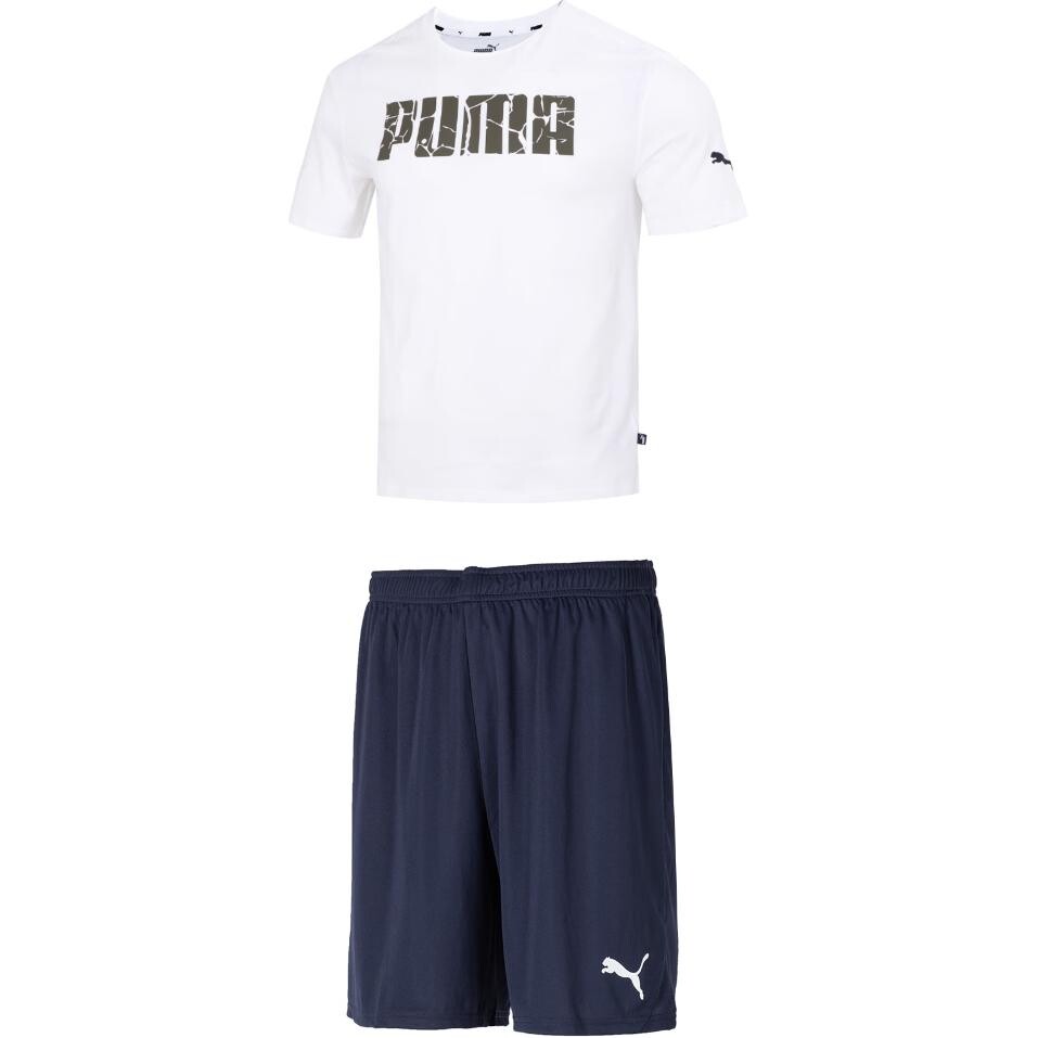

Повседневный спортивный мужской комплект: белый топ и темно-синие шорты Puma, белый
