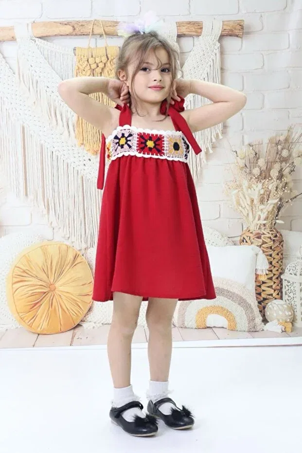 Детское платье для девочек с принтом Floral Motif Detailed Summer Dress Starry Couture, Red