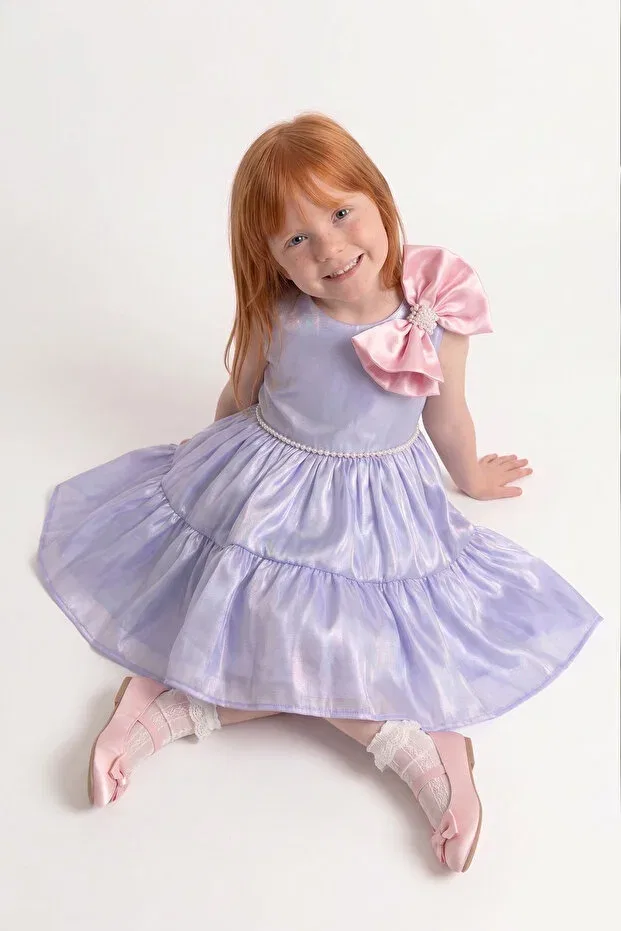 Детское платье для девочек из органзы с принтом Pink Bow Organza Balloon Sleeve Bertuğ Bebek, Blue — фото 2