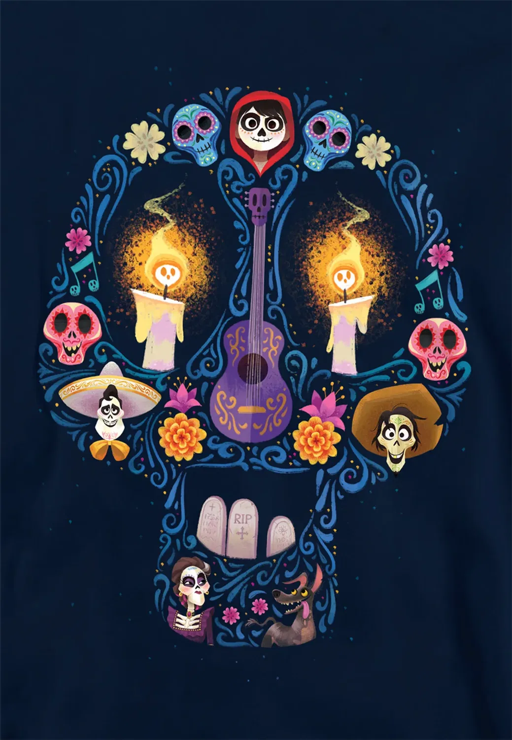 Детский худи с принтом Coco Day of the Dead Skull with Miguel, Ernesto, Hector Disney, Navy — фото 2