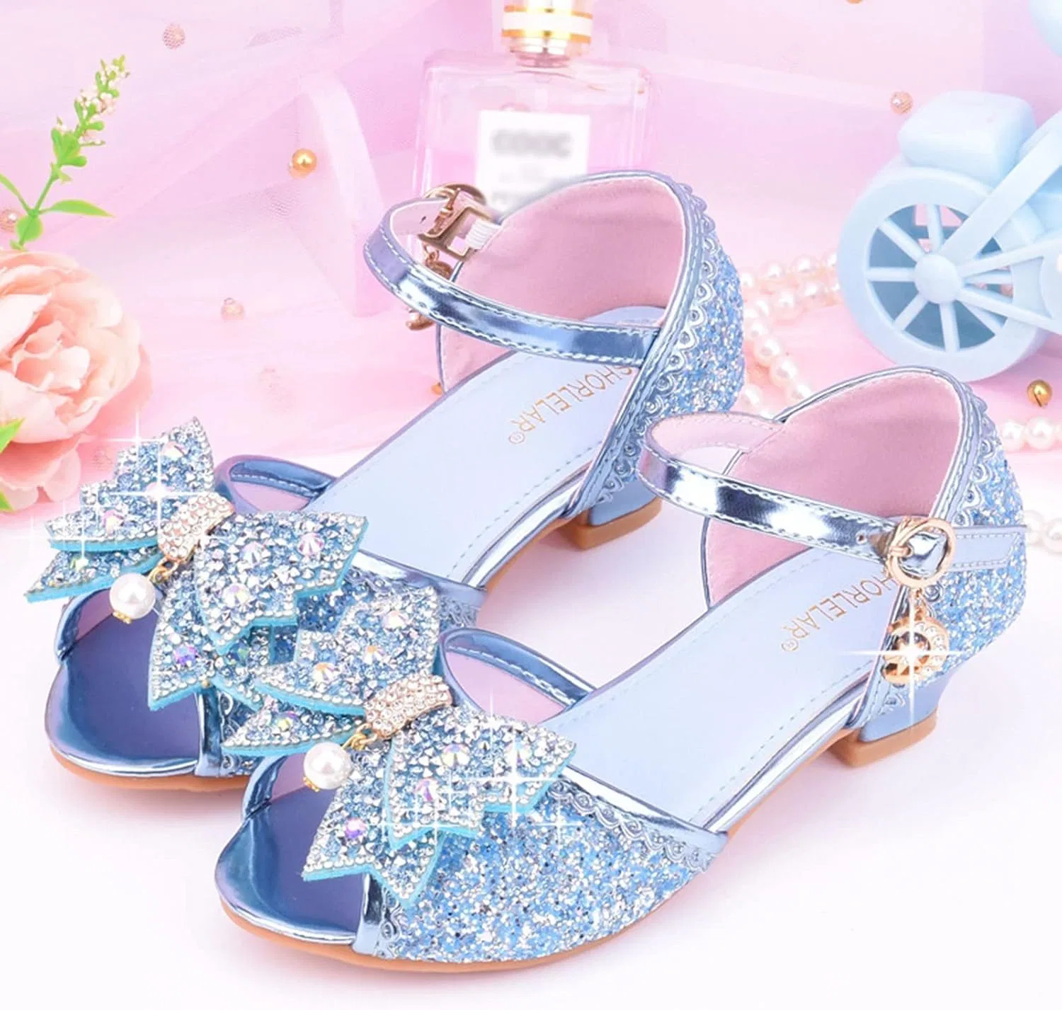 Детские кроссовки для девочек с бантом и блестками Sneakers for Girls Size 13 with Bow and Glitter Childrens Dance Shoes Glitter High Tops Kids Sparkly Shoes, Blue — фото 2