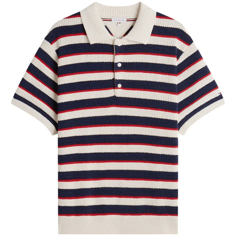 Мужской свитер с полоской и воротником-поло Tommy Hilfiger, Beige White Navy Blue Red Stripes 0FA — фото 3