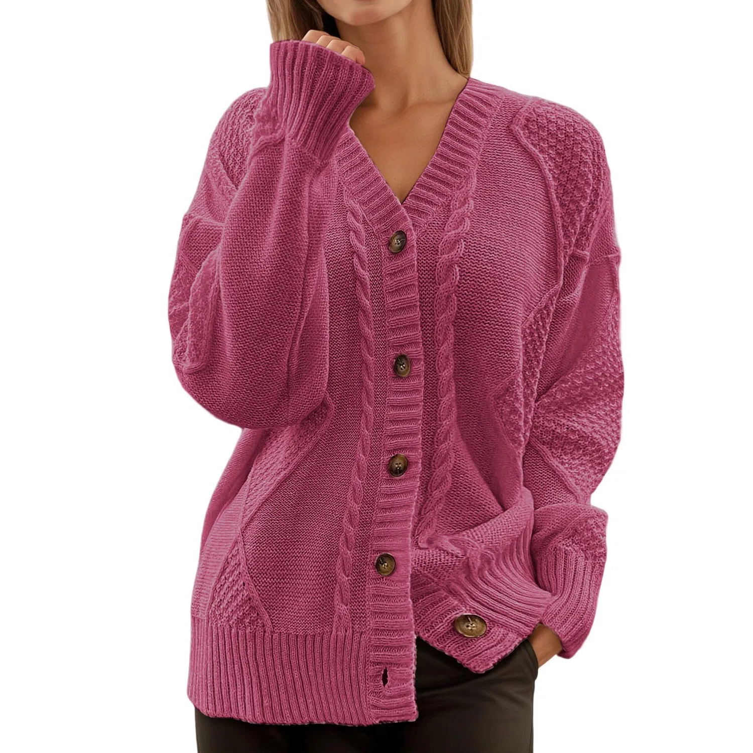 Женский кардиган с длинным рукавом, модель Cardigan da donna a maglia grossa, Brick Rosso