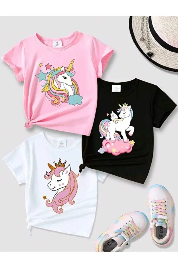Детский комплект футболок для мальчиков с принтом Favorist, Pink-Black-White-Unicorns