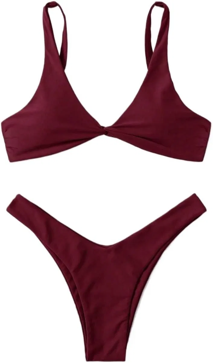 Женский бикини-сет с высокой талией High Waisted Twisted Front, Burgundy