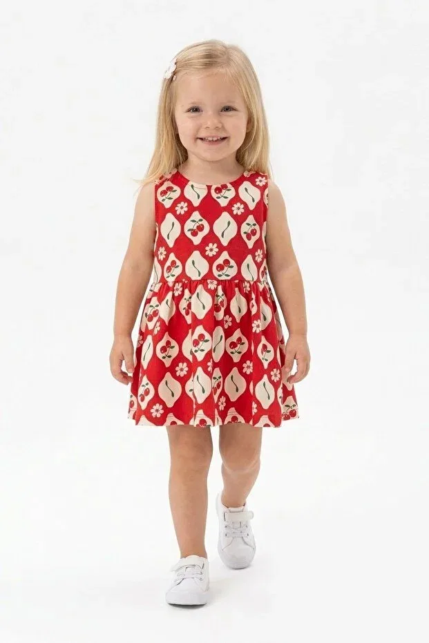 Детское платье для девочек с принтом Girl'S cherry patterned red 100% cotton summer dress Serrastil, Red — фото 4