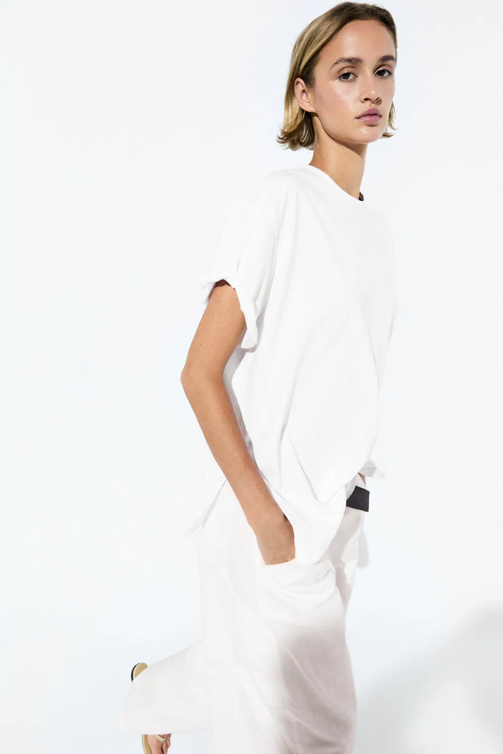 Футболка Massimo Dutti, свободный крой из 100% хлопка, белый — фото 4