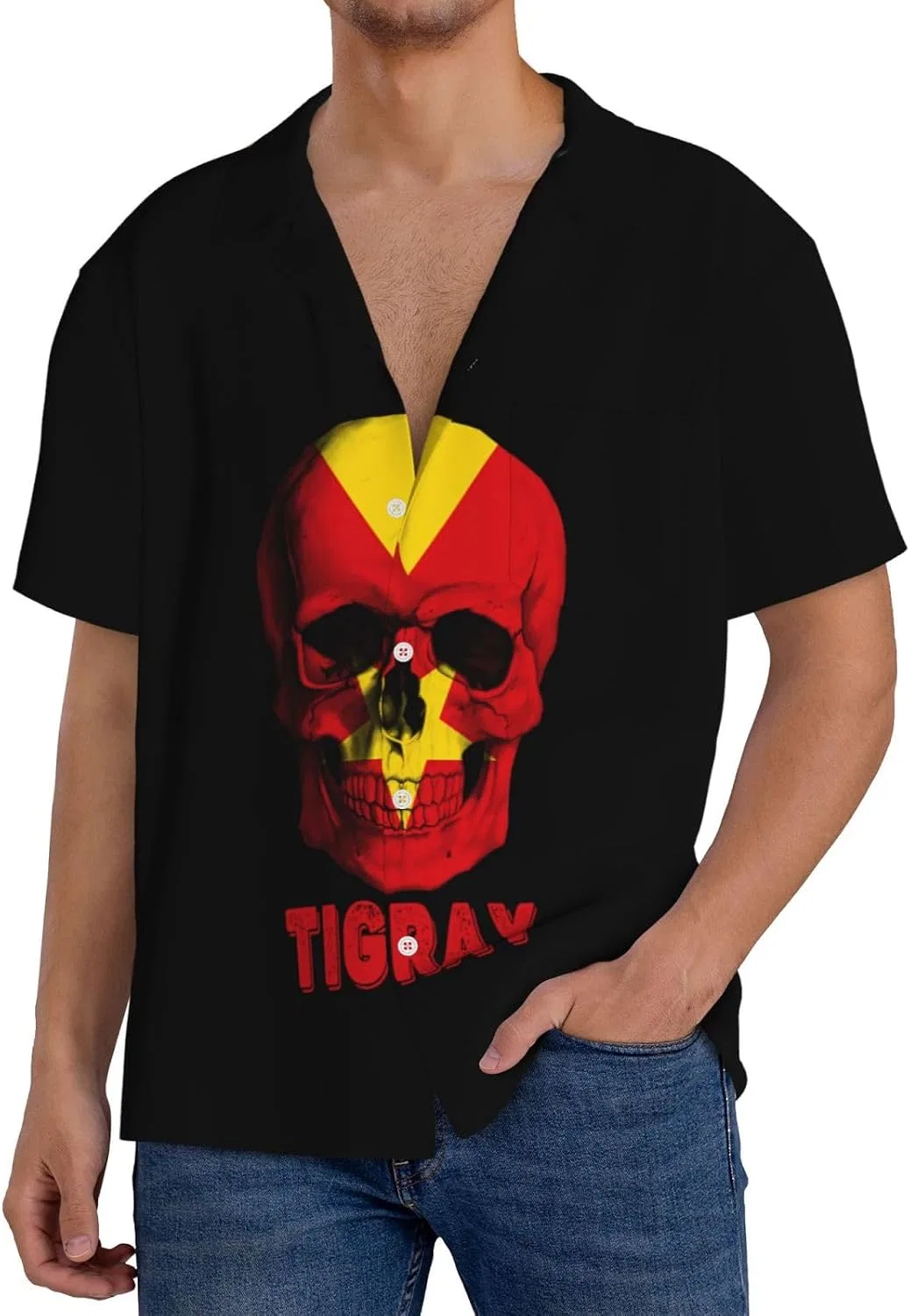Мужская повседневная рубашка с коротким рукавом Skull Tigray Flag, Black