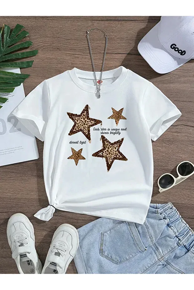 Детская футболка для девочек хлопковая Leopard Star Printed Premium Tshirt With Crew Neck Eysaah, White