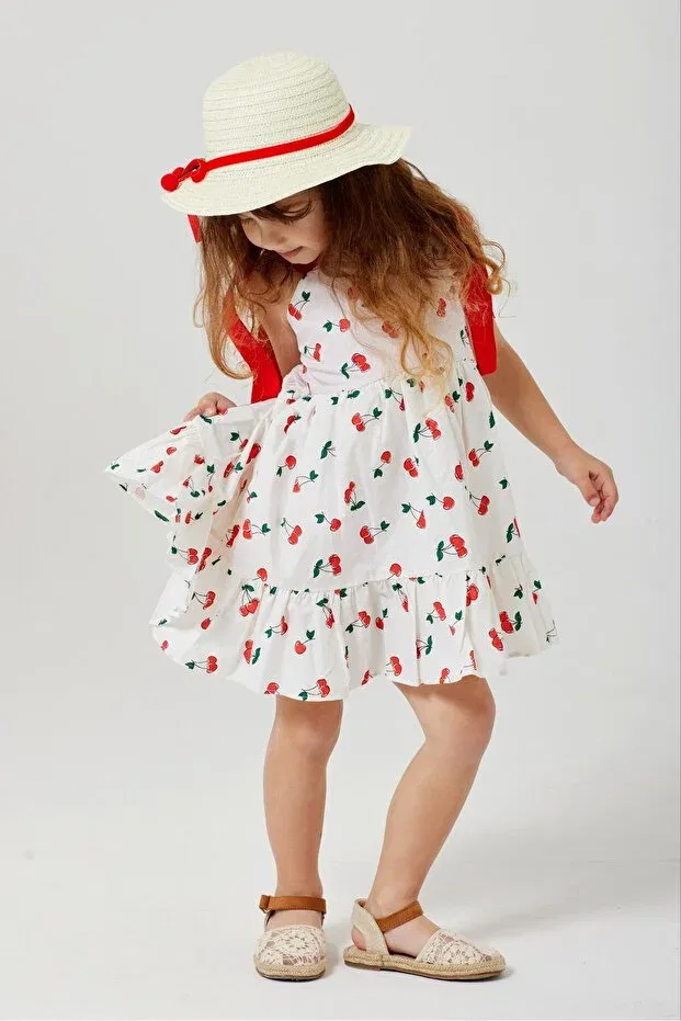 Детское платье для девочек с принтом Cherry patterned dress with hat Mevababy Tugba Bayraktar, White