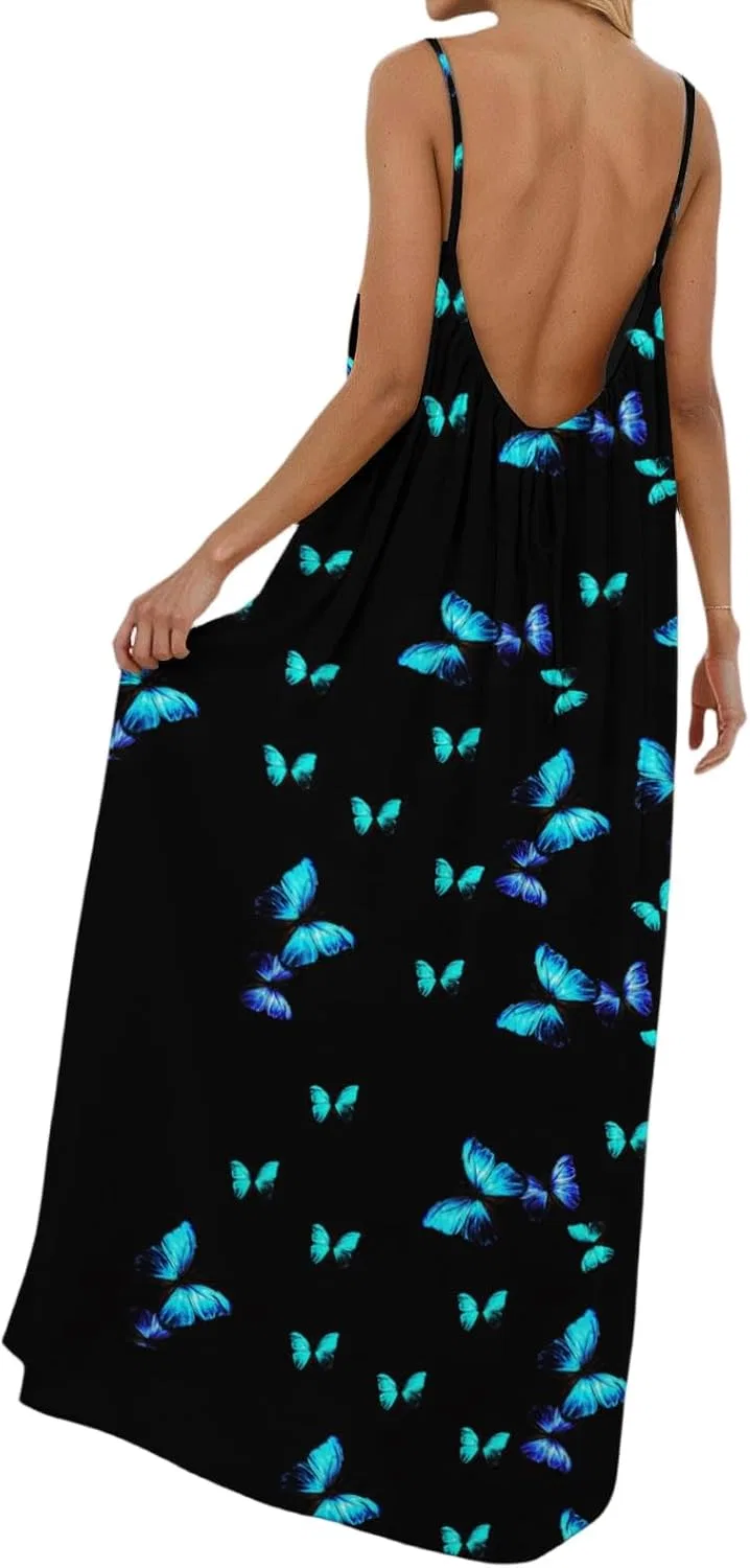 Женское макси-платье на бретелях с принтом, Backless Sleeveless, 4-Blue — фото 4